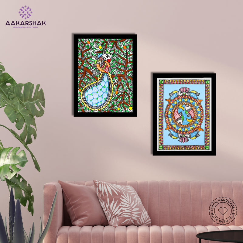 Handmade Madhubani Painting Set of 2 –  Peacock and Fish  12x16
