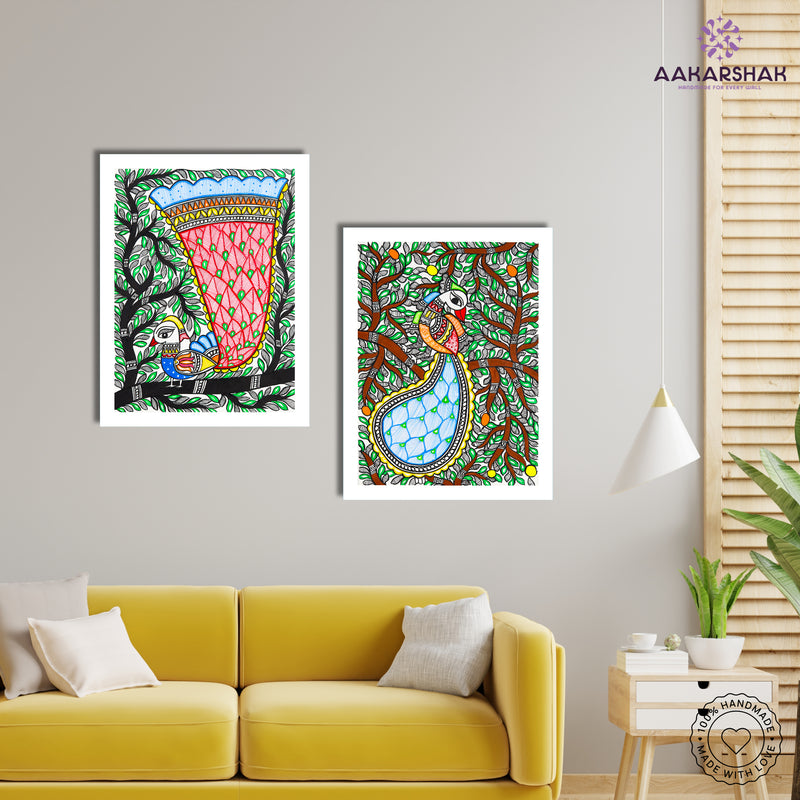 Handmade Madhubani Painting Set of 2 –  Peacock 12x16
