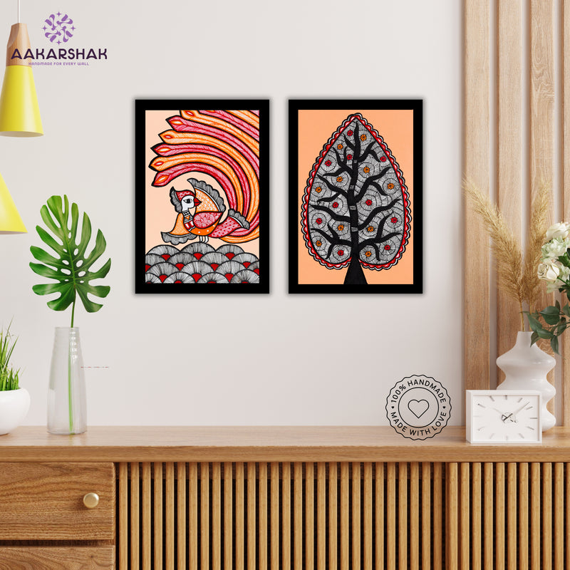 Handmade Peacock and Tree of life Madhubani Painting 8x12 Set of 2