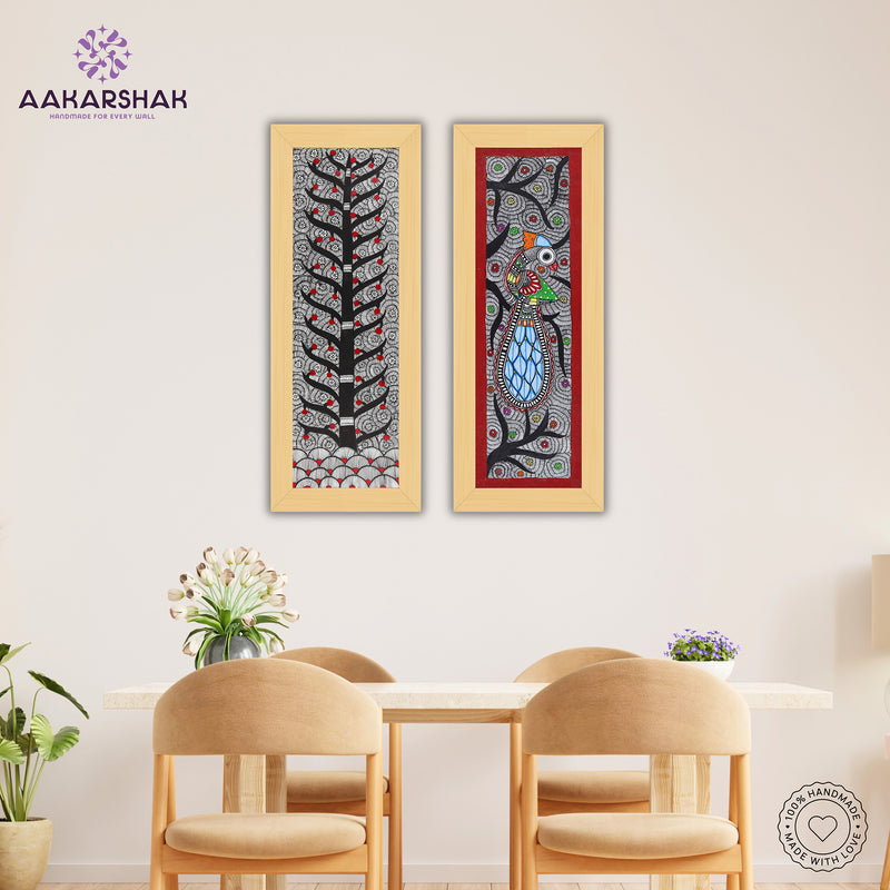 Handmade Madhubani Painting Set of 2 – Tree of life & Peacock 8x23