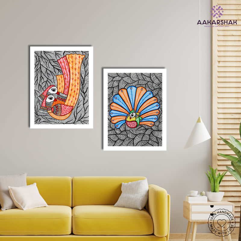 Handmade Madhubani Painting Set of 2 –  Peacock 12x16