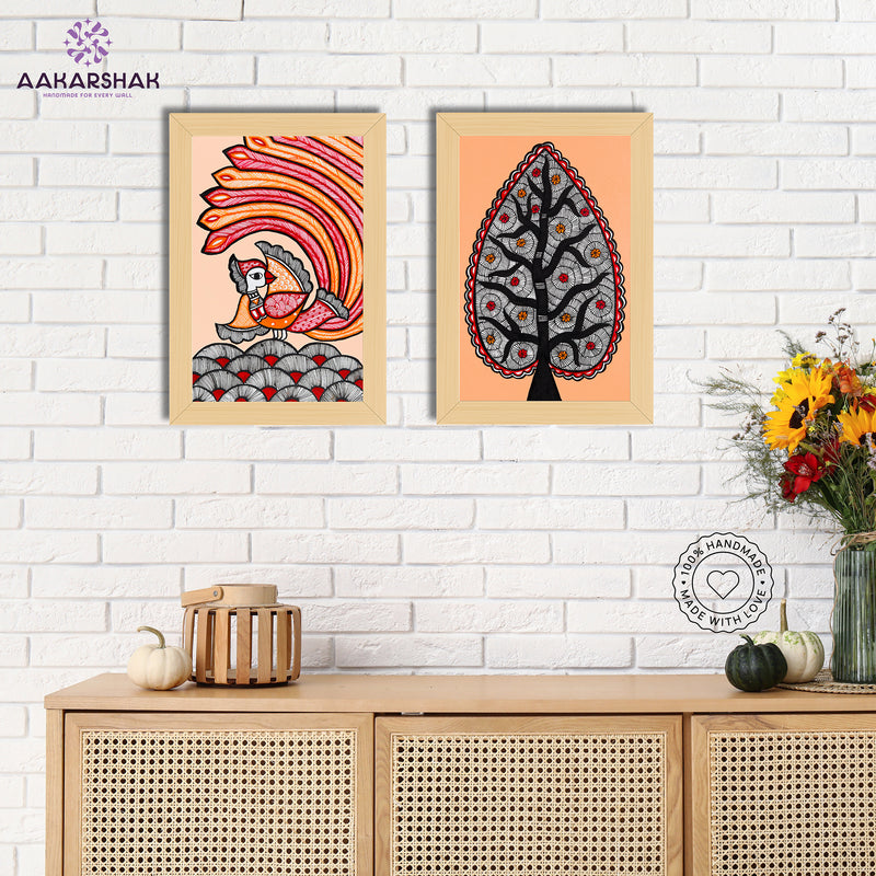 Handmade Peacock and Tree of life Madhubani Painting 8x12 Set of 2