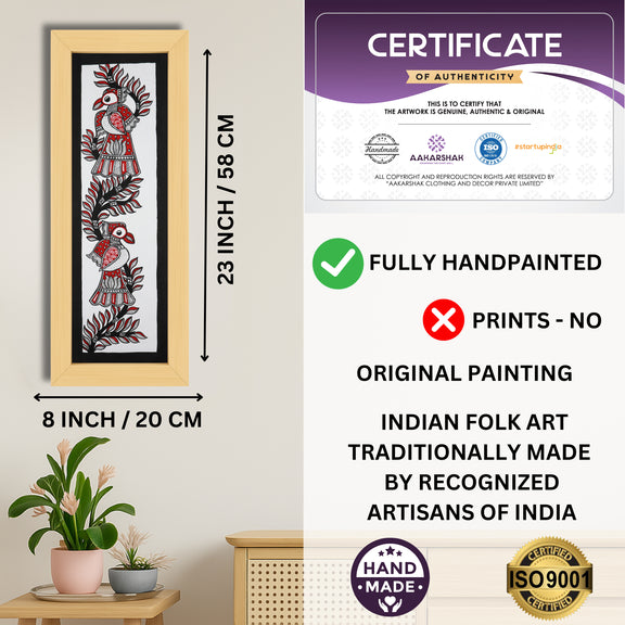 Framed artwork with dimensions, authenticity certificate and handmade iso certified-peacock madhubani painting