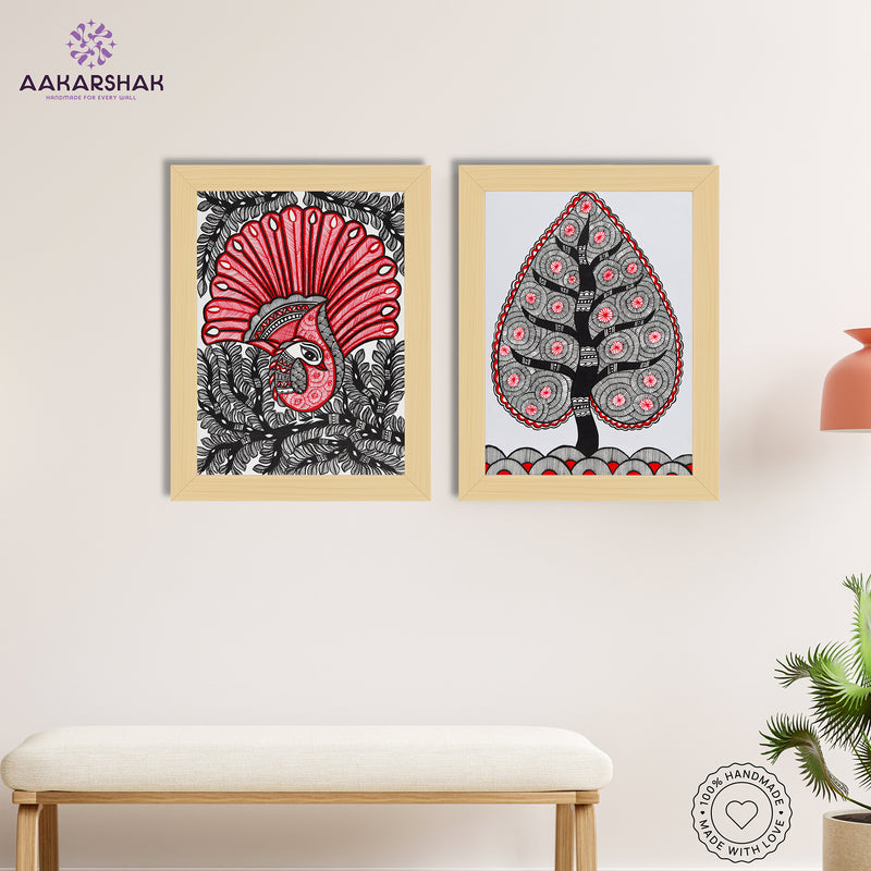 Handmade Madhubani Painting Set of 2 – Peacock and Tree of life 12x16