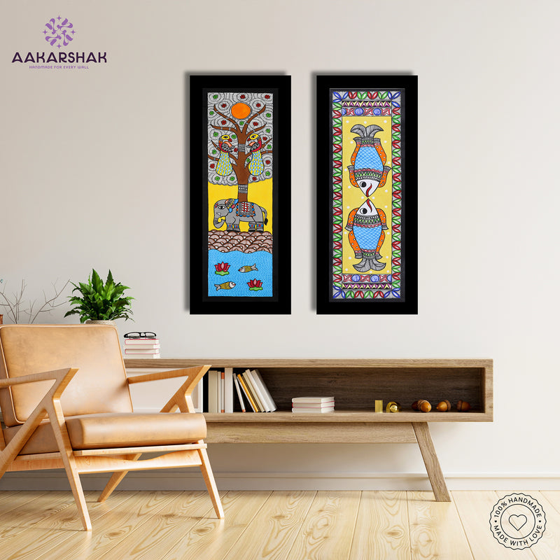 Handmade Madhubani Painting Set of 2 – Elephant & Fish Wall Decor 8x23