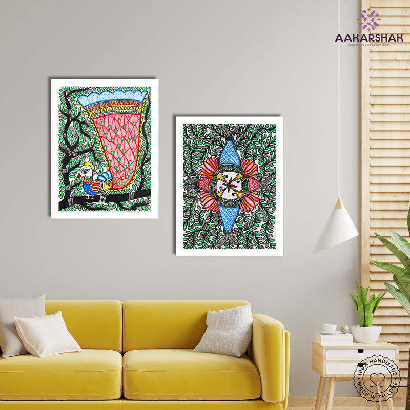 Handmade Madhubani Painting Set of 2 –  Peacock and Fish  12x16
