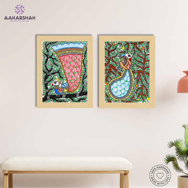 Handmade Madhubani Painting Set of 2 –  Peacock 12x16