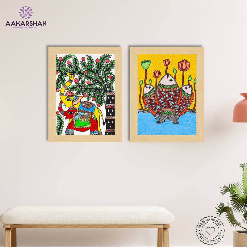 Handmade Madhubani Painting Set of 2 – Elephant and Fish  12x16