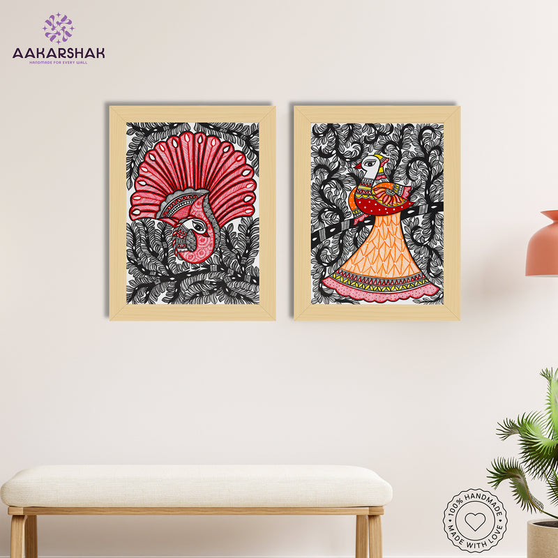 Handmade Madhubani Painting Set of 2 – Dancing peacock 12x16
