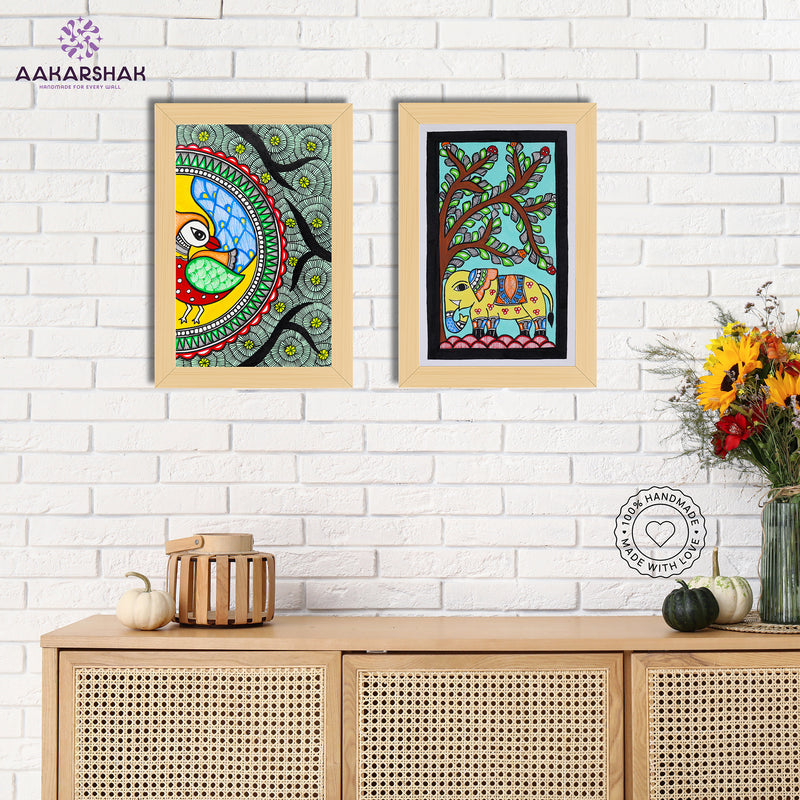 Handmade Peacock and Elephant Madhubani Painting 8x12 Set of 2