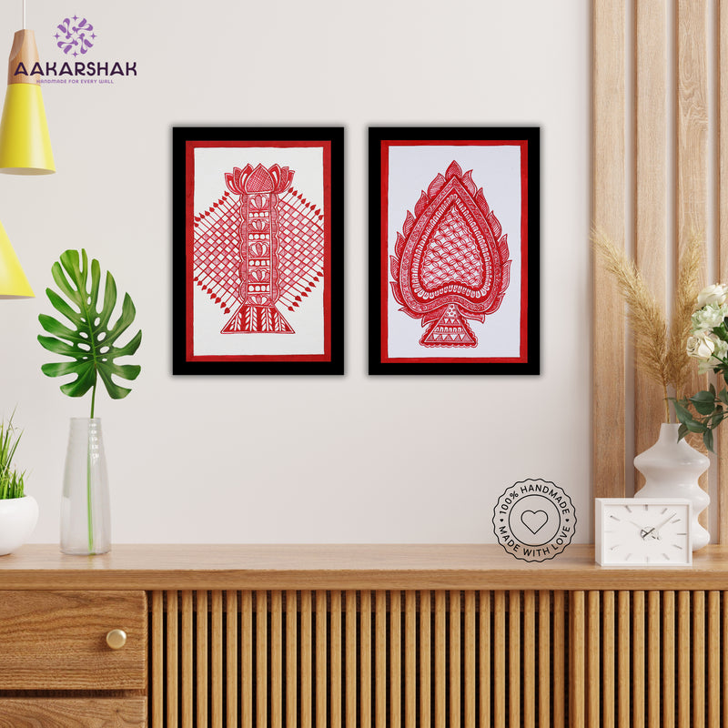 Handmade Bamboo and Paan  Madhubani Painting 8x12 Set of 2
