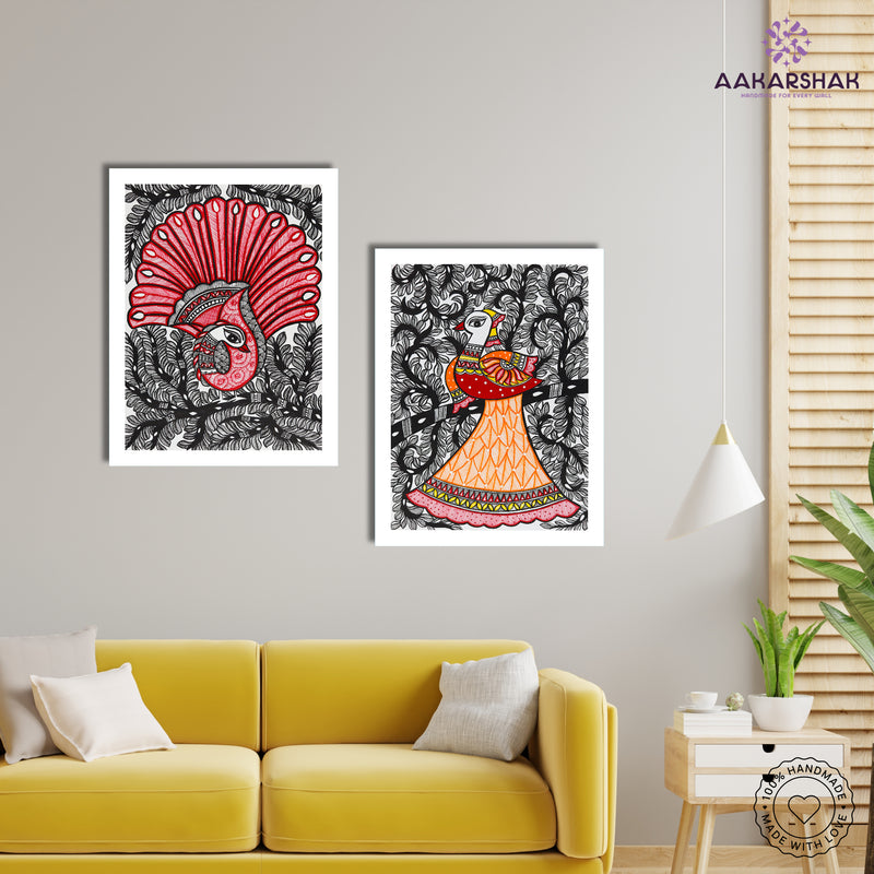 Handmade Madhubani Painting Set of 2 – Dancing peacock 12x16