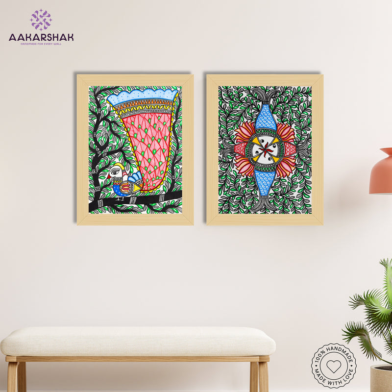 Handmade Madhubani Painting Set of 2 –  Peacock and Fish  12x16
