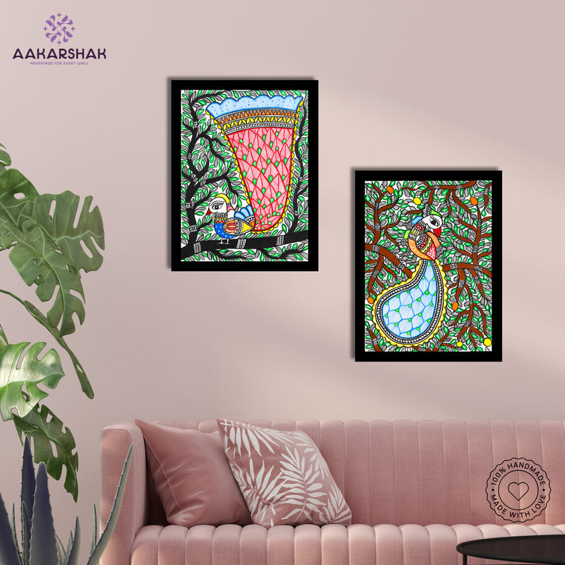 Handmade Madhubani Painting Set of 2 –  Peacock 12x16