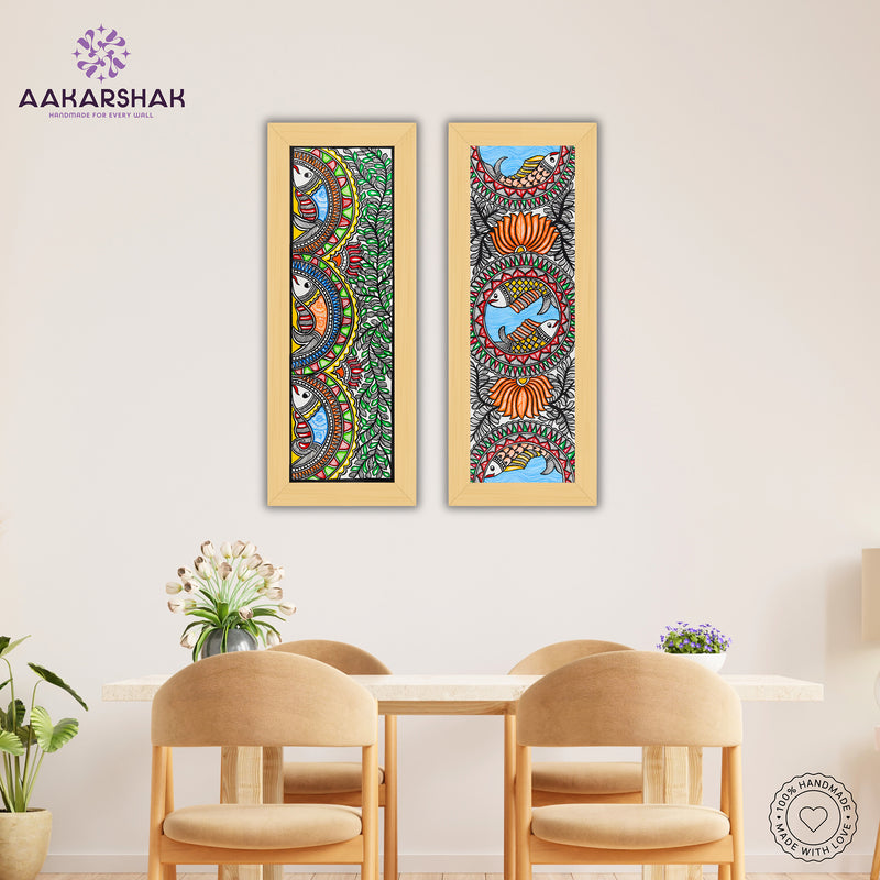 Handmade Madhubani Painting Set of 2 – Fish & Fish Wall Decor 8x23