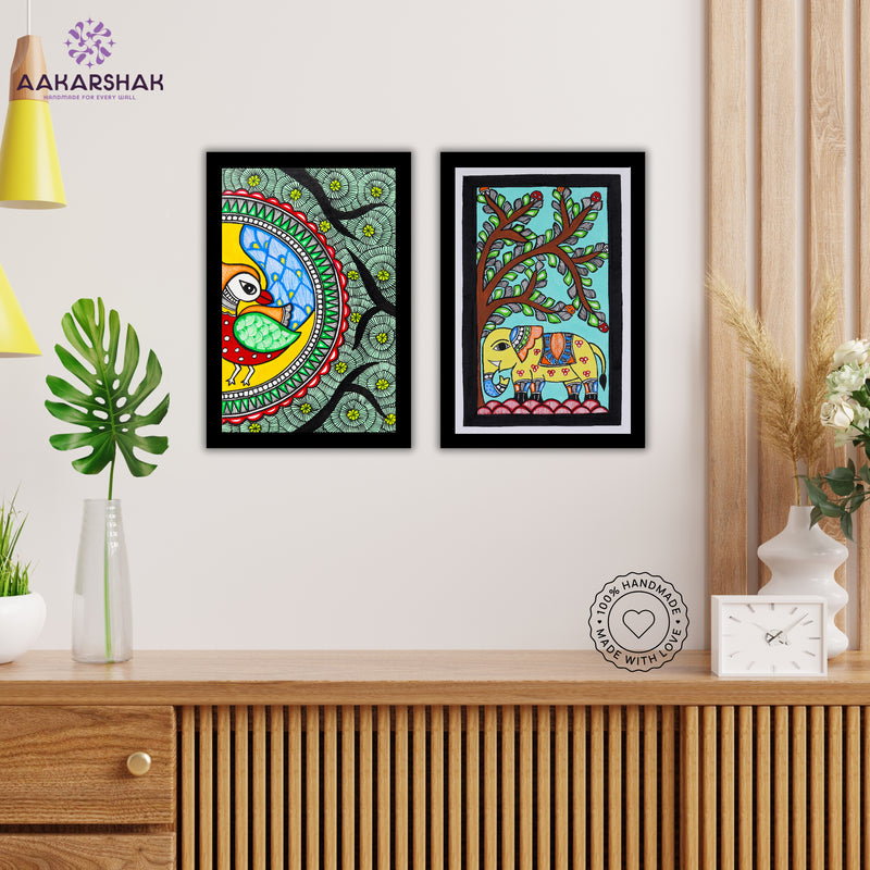 Handmade Peacock and Elephant Madhubani Painting 8x12 Set of 2