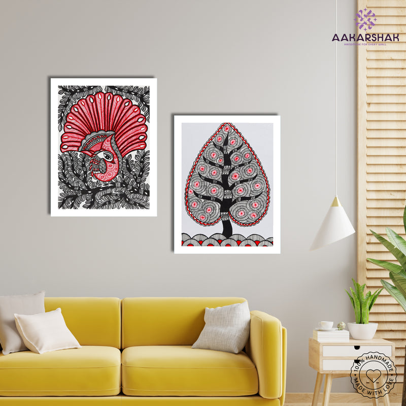 Handmade Madhubani Painting Set of 2 – Peacock and Tree of life 12x16
