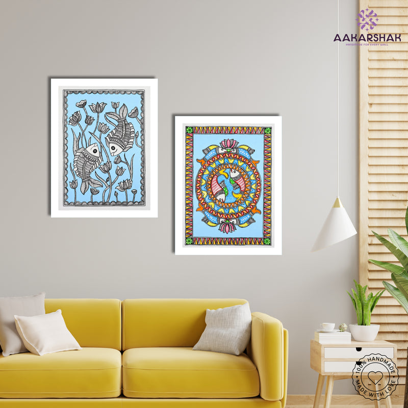 Handmade Madhubani Painting Set of 2 – Fish 12x16