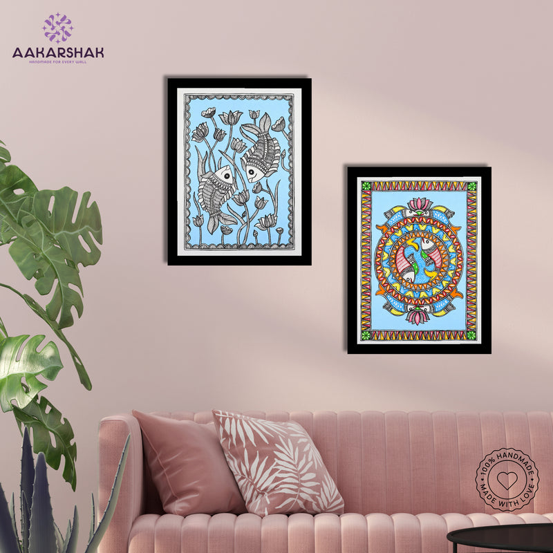 Handmade Madhubani Painting Set of 2 – Fish 12x16