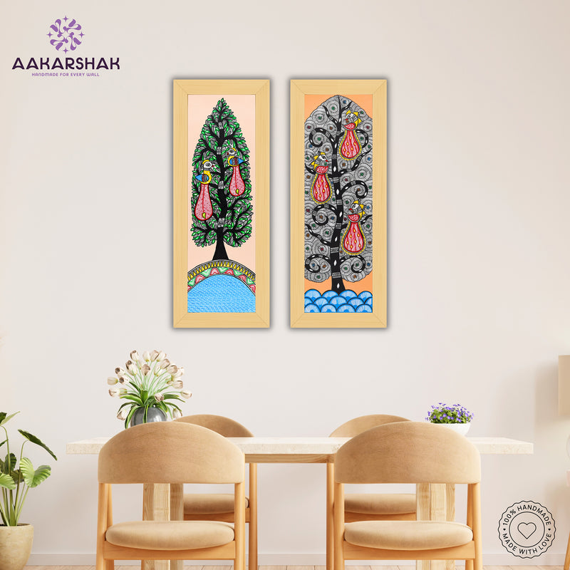 Handmade Madhubani Painting Set of 2 – Peacock and Peacock Wall Decor 8x23