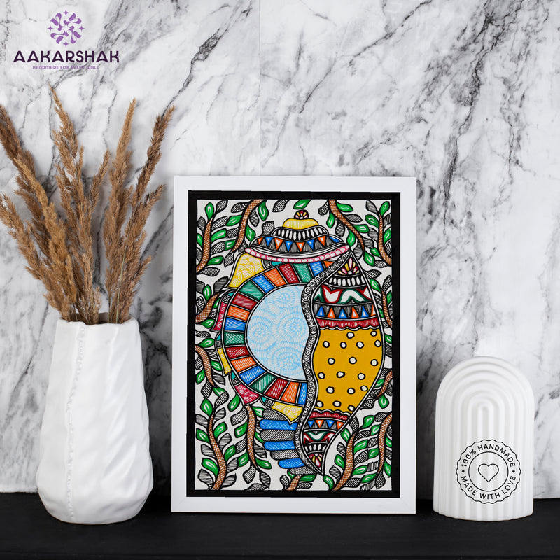 Handmade Madhubani Shankh Painting 8x12 Inch Framed Indian Wall Decor