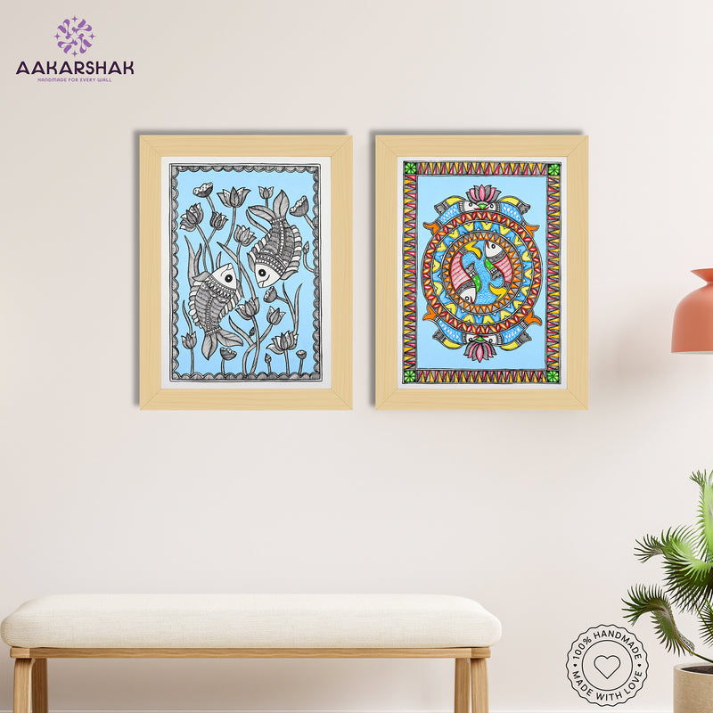 Handmade Madhubani Painting Set of 2 – Fish 12x16