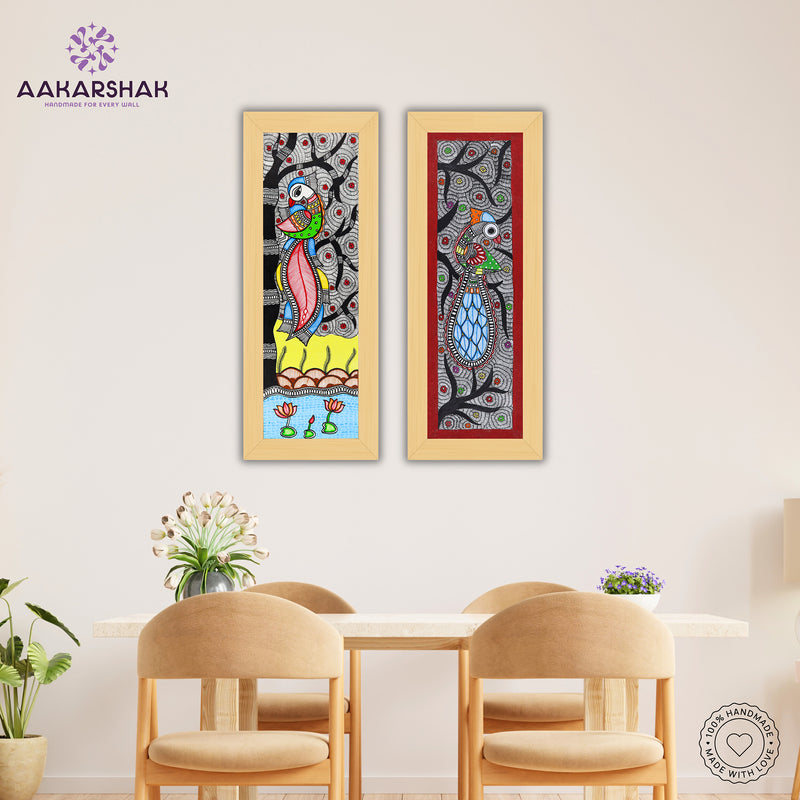 Handmade Madhubani Painting Set of 2 – Peacock and Peacock Wall Decor 8x23