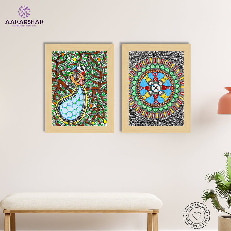 Handmade Madhubani Painting Set of 2 –  Peacock and Fish  12x16