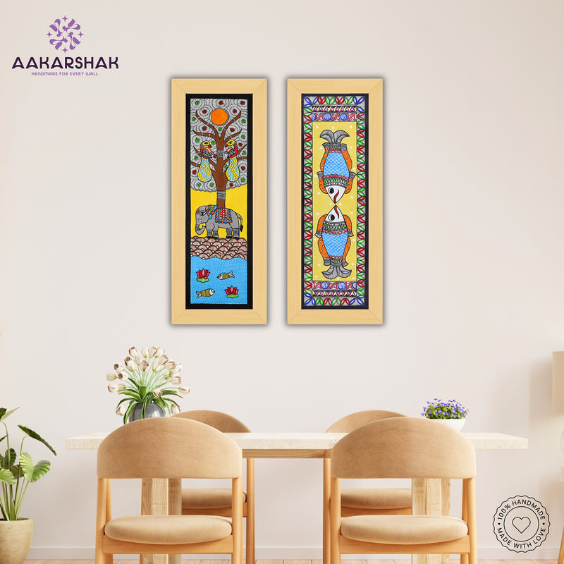 Handmade Madhubani Painting Set of 2 – Elephant & Fish Wall Decor 8x23