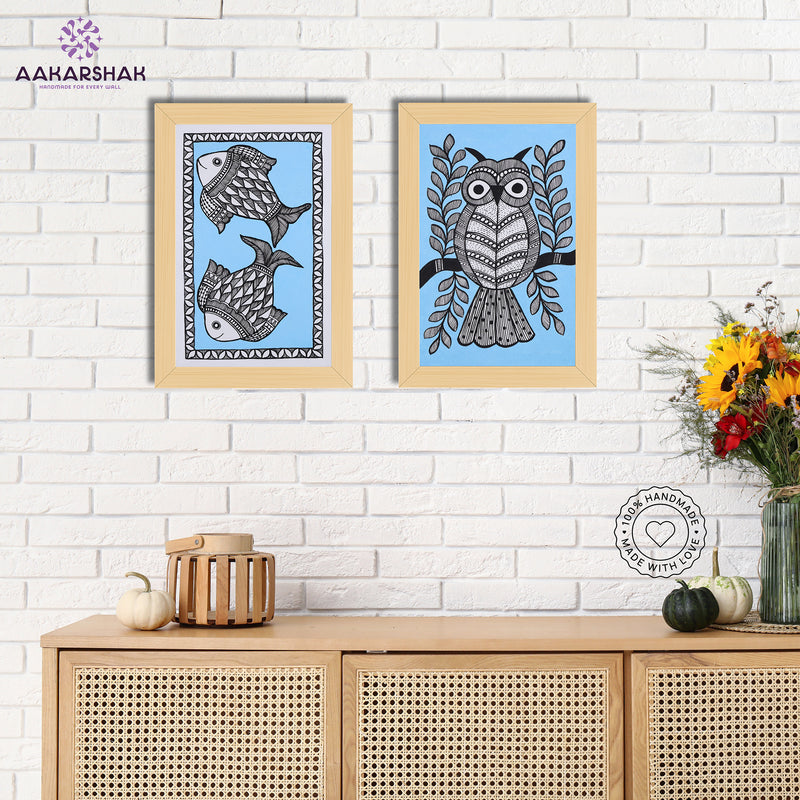 Handmade Fish and Owl Madhubani Painting 8x12 Set of 2