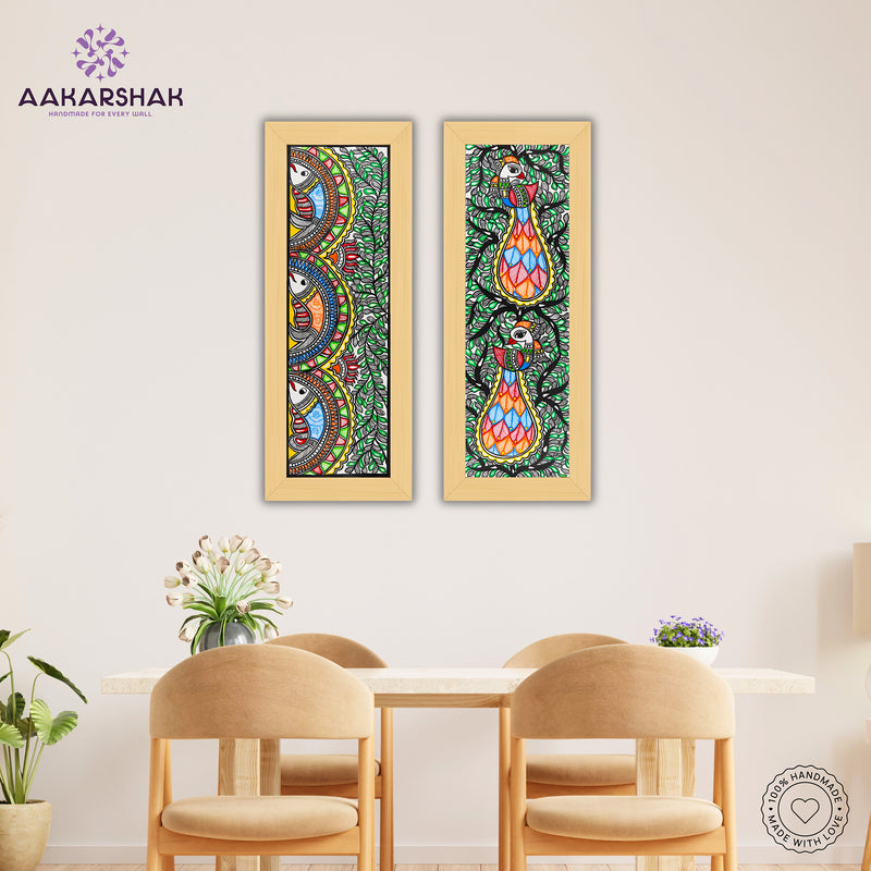Handmade Madhubani Painting Set of 2 – Fish & Peacock Wall Decor 8x23