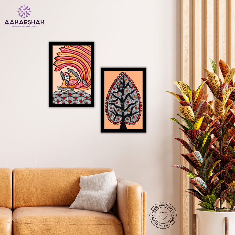 Handmade Peacock and Tree of life Madhubani Painting 8x12 Set of 2