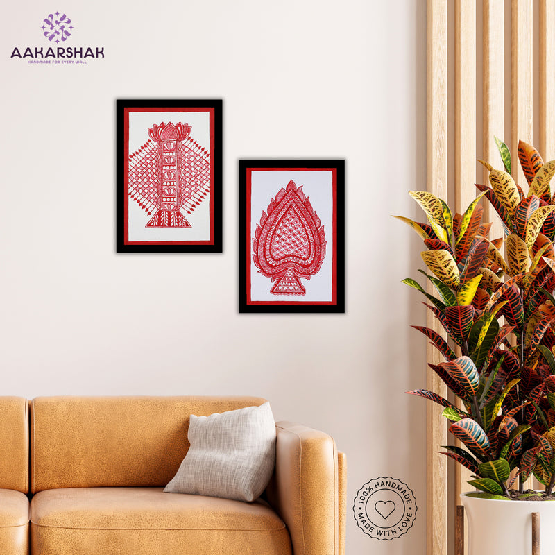 Handmade Bamboo and Paan  Madhubani Painting 8x12 Set of 2