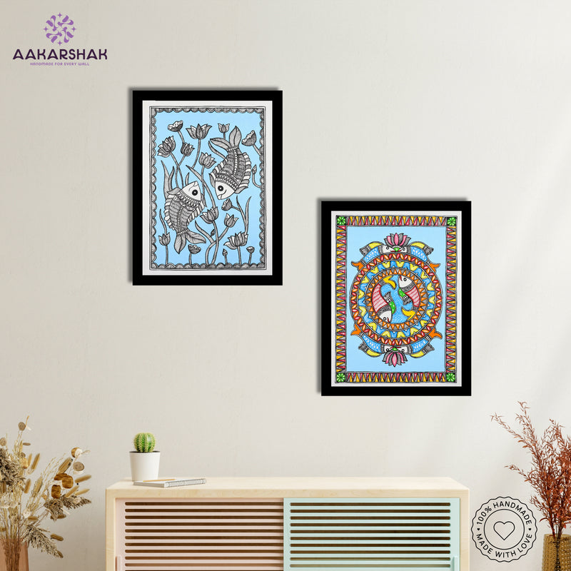 Handmade Madhubani Painting Set of 2 – Fish 12x16