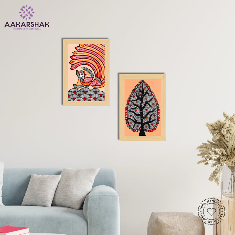Handmade Peacock and Tree of life Madhubani Painting 8x12 Set of 2