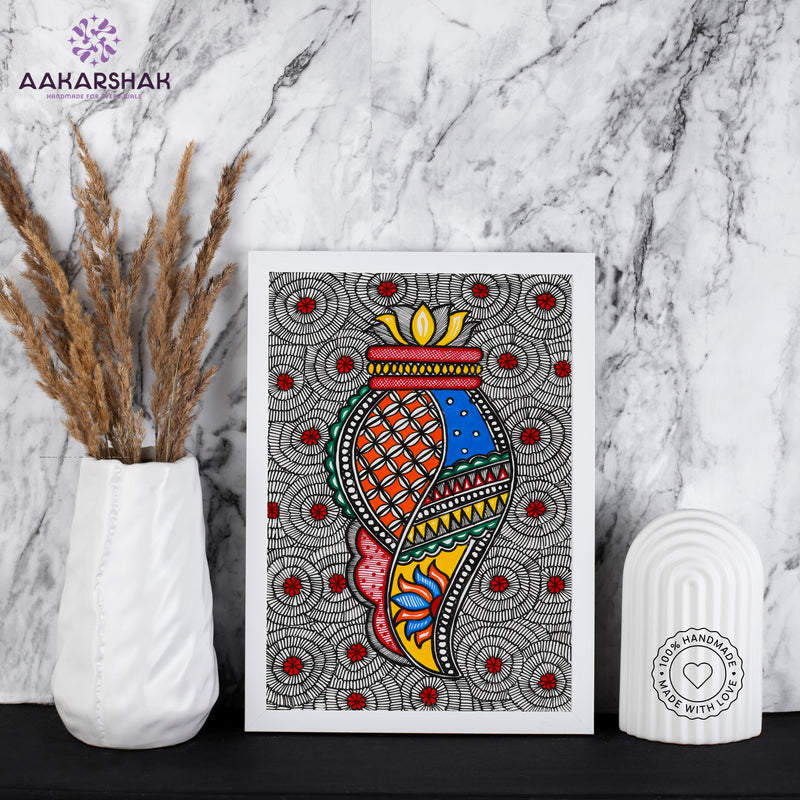 Handmade Madhubani Shankh Painting 8x12 Inch Framed Indian Wall Decor