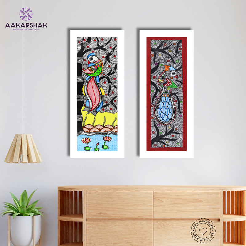 Handmade Madhubani Painting Set of 2 – Peacock and Peacock Wall Decor 8x23