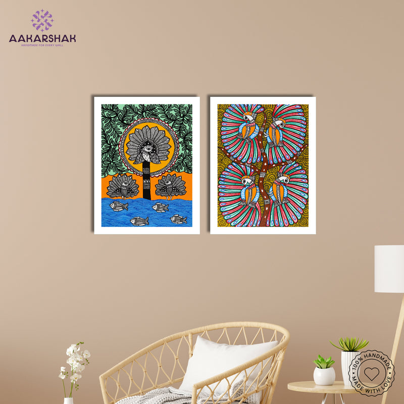 Handmade Madhubani Painting Set of 2 – Peacock 12x16