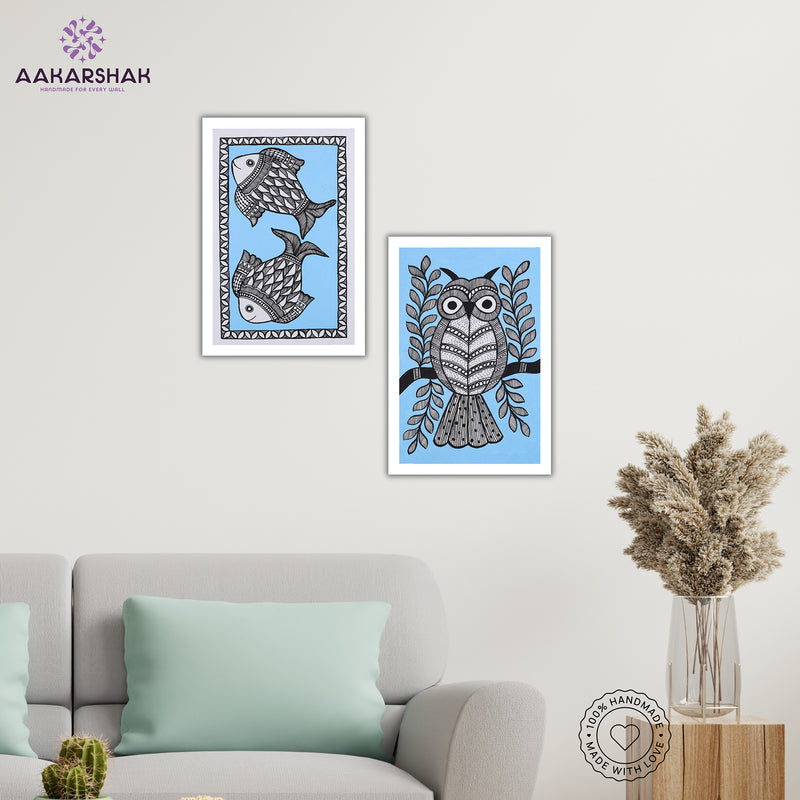 Handmade Fish and Owl Madhubani Painting 8x12 Set of 2