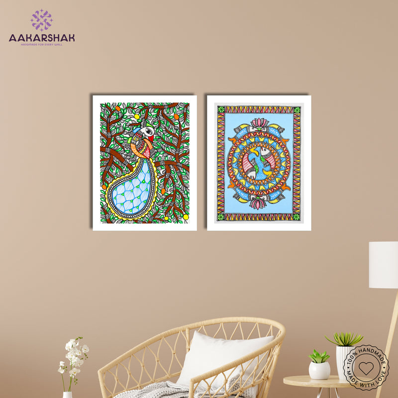 Handmade Madhubani Painting Set of 2 –  Peacock and Fish  12x16