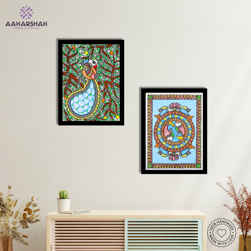 Handmade Madhubani Painting Set of 2 –  Peacock and Fish  12x16