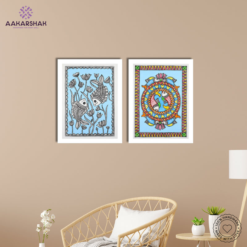 Handmade Madhubani Painting Set of 2 – Fish 12x16
