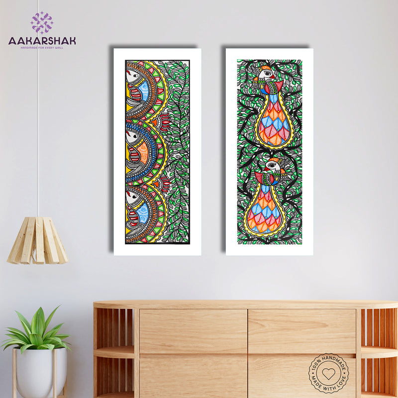 Handmade Madhubani Painting Set of 2 – Fish & Peacock Wall Decor 8x23
