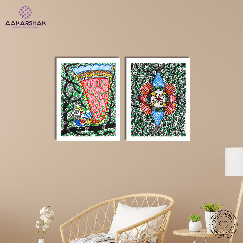 Handmade Madhubani Painting Set of 2 –  Peacock and Fish  12x16