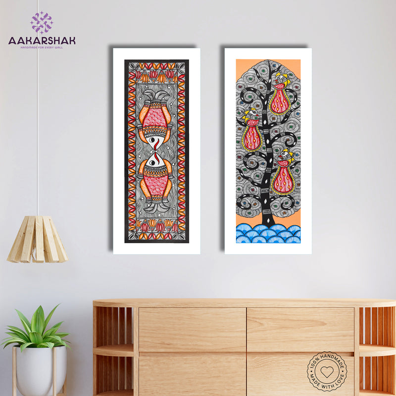 Handmade Madhubani Painting Set of 2 –Fish and Peacock  Wall Decor 8x23