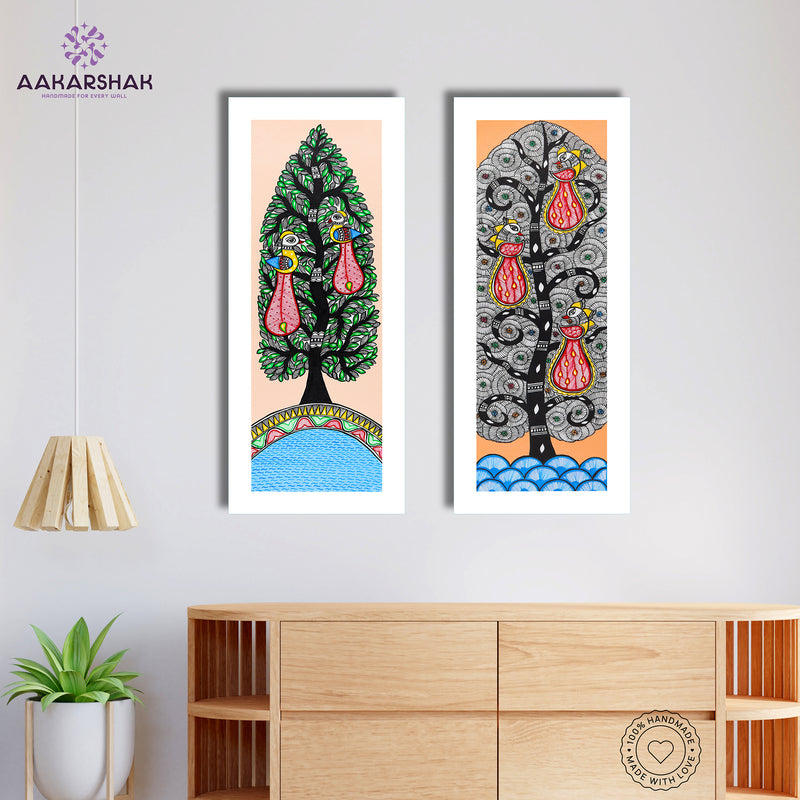 Handmade Madhubani Painting Set of 2 – Peacock and Peacock Wall Decor 8x23