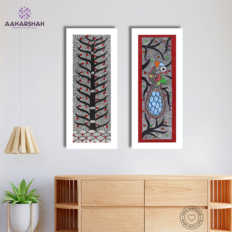 Handmade Madhubani Painting Set of 2 – Tree of life & Peacock 8x23