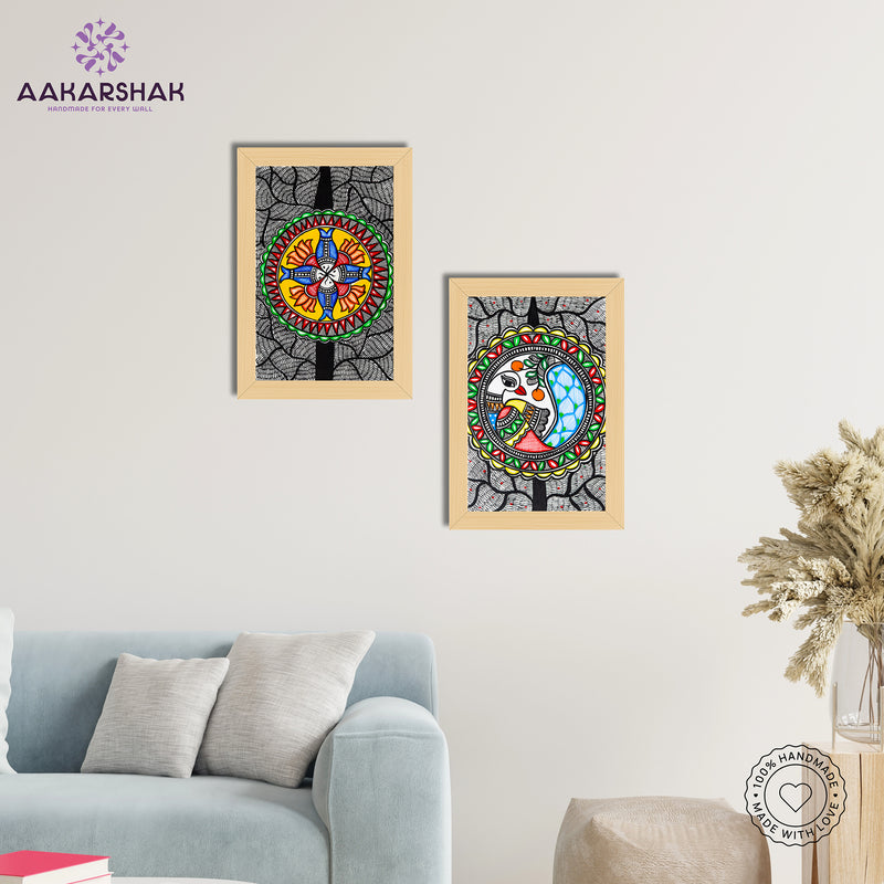 Handmade Fish and Peacock Madhubani Painting 8x12 Set of 2