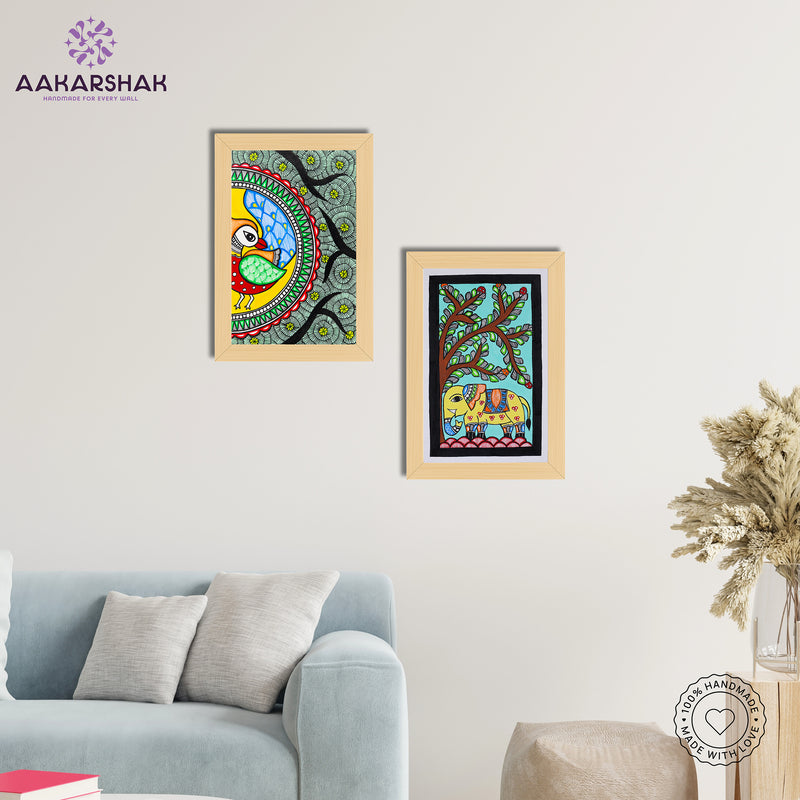 Handmade Peacock and Elephant Madhubani Painting 8x12 Set of 2