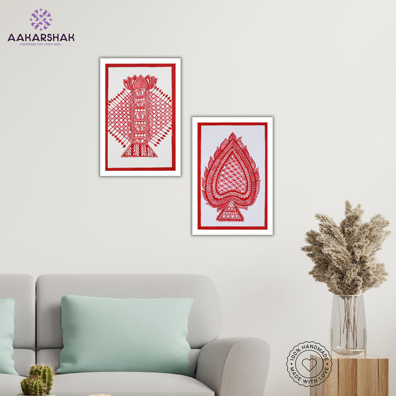 Handmade Bamboo and Paan  Madhubani Painting 8x12 Set of 2